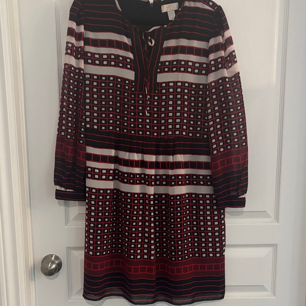 LOFT Black and Red Geometric Long Sleeve Dress